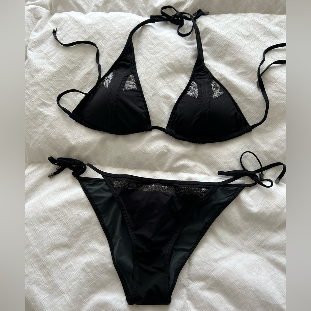 NWOT Calvin Klein Black Sequin Trim Triangle Bikini Set
